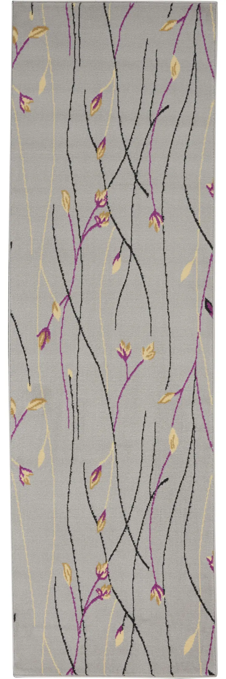 8' Gray And Pink Floral Runner Rug