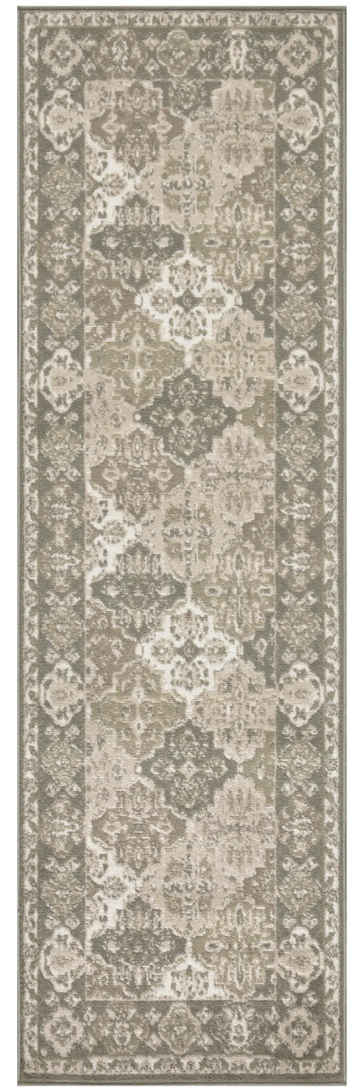 8' Green And Ivory Medallion Distressed Runner Rug
