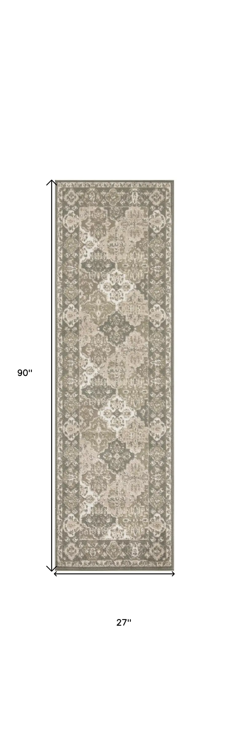 8' Green And Ivory Medallion Distressed Runner Rug