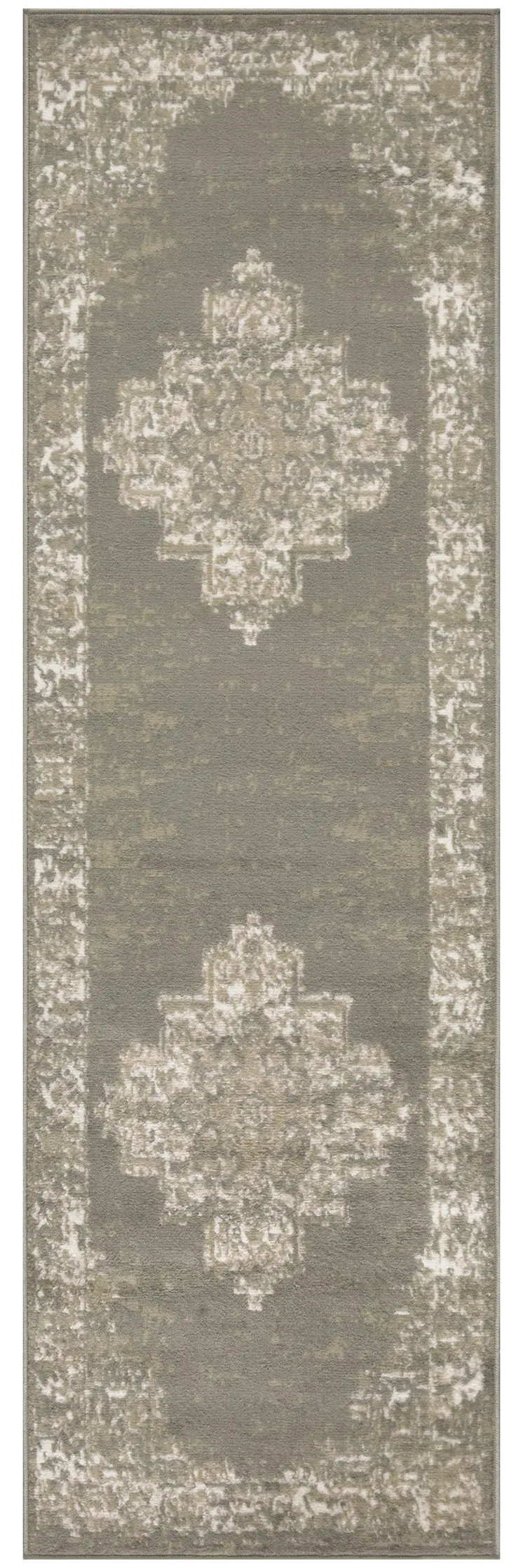 8' Green And Ivory Medallion Distressed Runner Rug