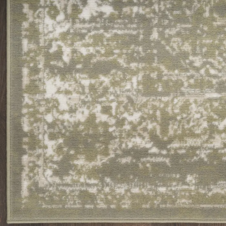 8' Green And Ivory Medallion Distressed Runner Rug