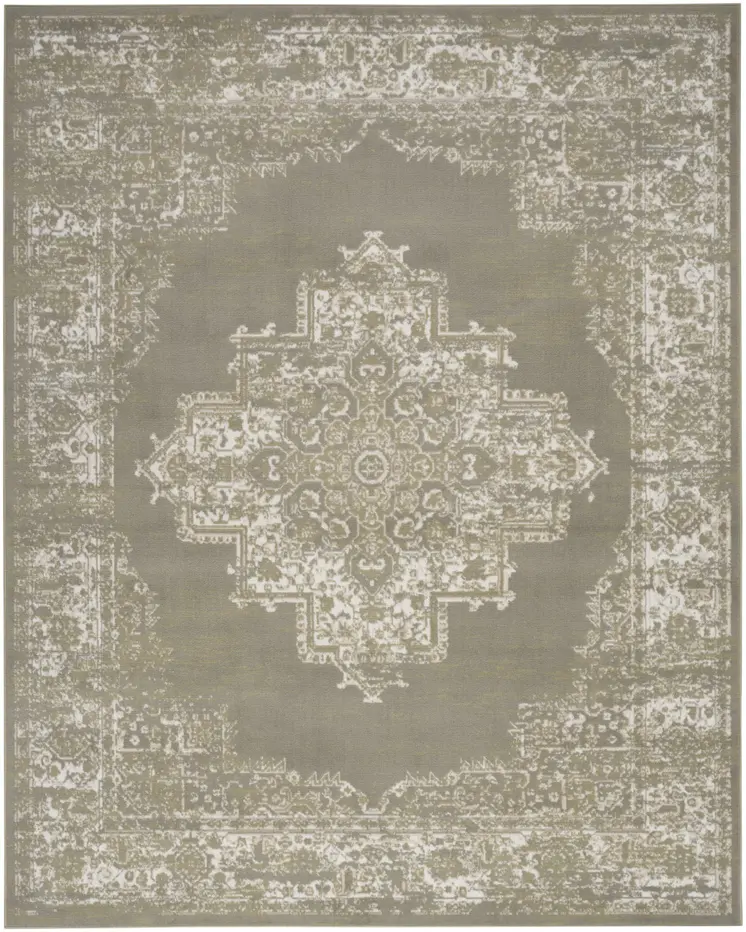 8' X 10' Green and Ivory Medallion Power Loom Distressed Area Rug