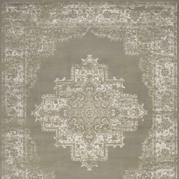 8' X 10' Green and Ivory Medallion Power Loom Distressed Area Rug