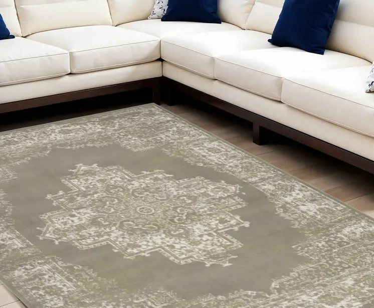 8' X 10' Green and Ivory Medallion Power Loom Distressed Area Rug