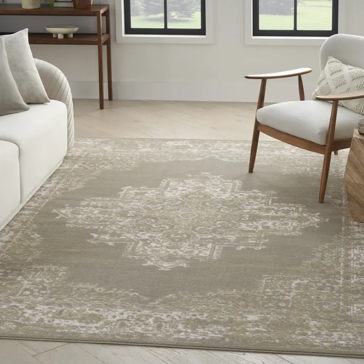 8' X 10' Green and Ivory Medallion Power Loom Distressed Area Rug