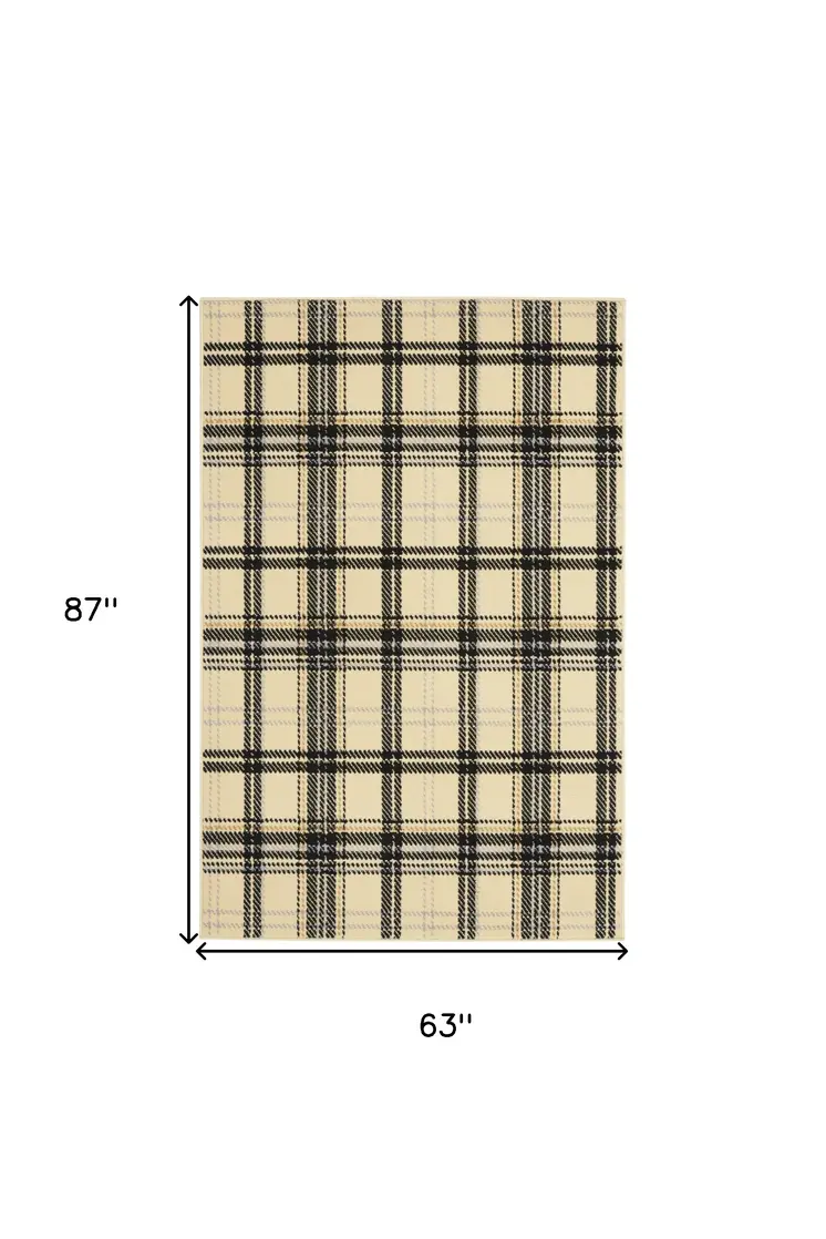 5' X 7' Beige and Black Plaid Power Loom Area Rug