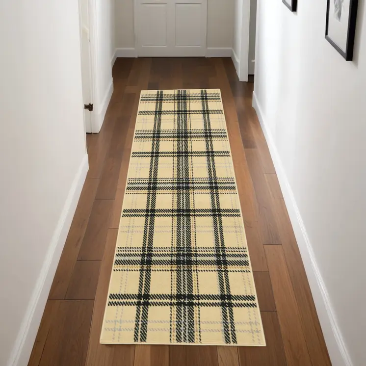8' Beige And Black Plaid Runner Rug