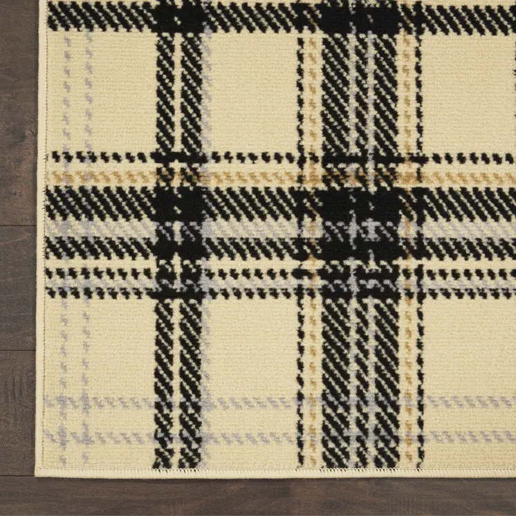 8' Beige And Black Plaid Runner Rug