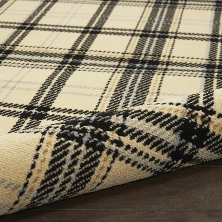 8' Beige And Black Plaid Runner Rug