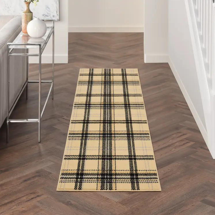 8' Beige And Black Plaid Runner Rug
