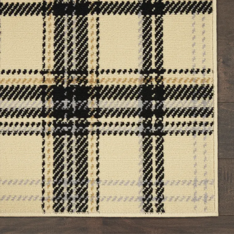 8' Beige And Black Plaid Runner Rug