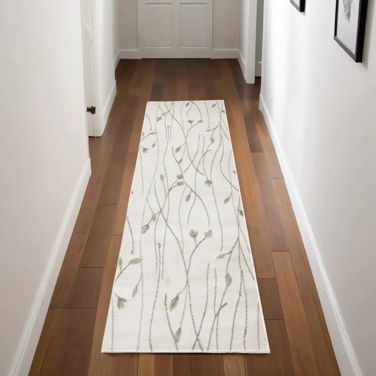 8' Beige And Ivory Floral Runner Rug