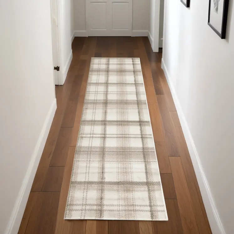 8' Beige And Ivory Plaid Runner Rug
