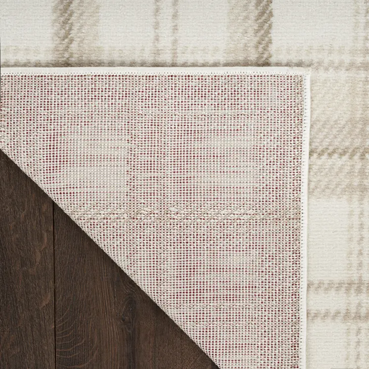 8' Beige And Ivory Plaid Runner Rug