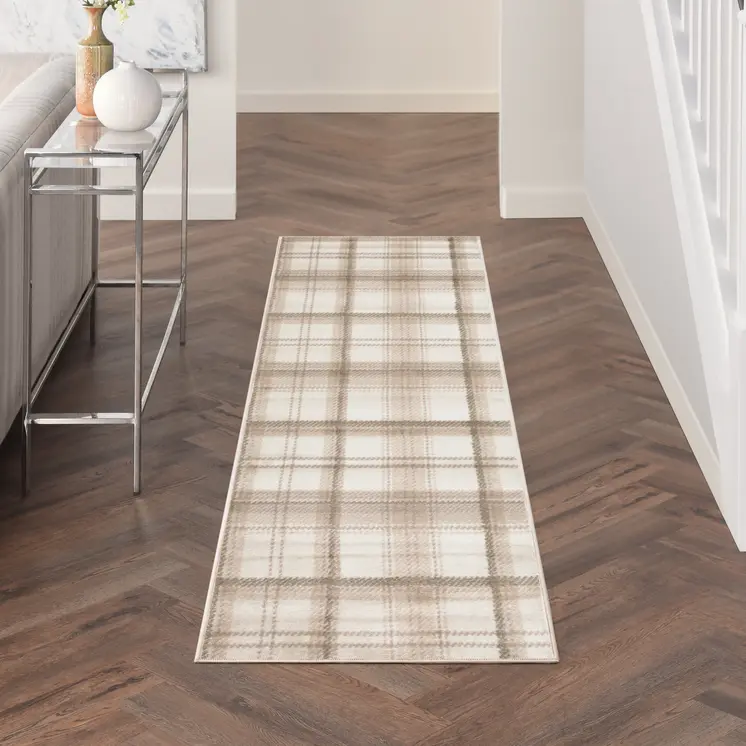 8' Beige And Ivory Plaid Runner Rug