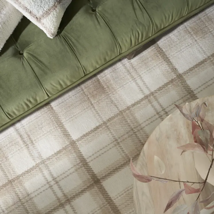 5' X 7' Beige and Ivory Plaid Power Loom Area Rug