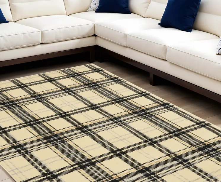 8' X 10' Beige and Black Plaid Power Loom Area Rug