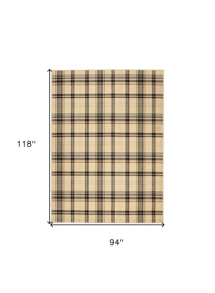 8' X 10' Beige and Black Plaid Power Loom Area Rug
