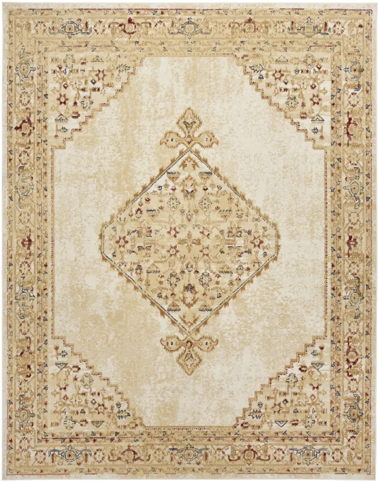 8' X 10' Beige and Ivory Medallion Power Loom Distressed Area Rug