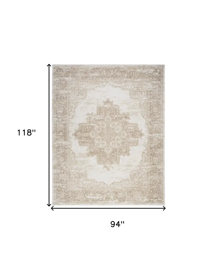 8' X 10' Beige and Ivory Medallion Power Loom Distressed Area Rug