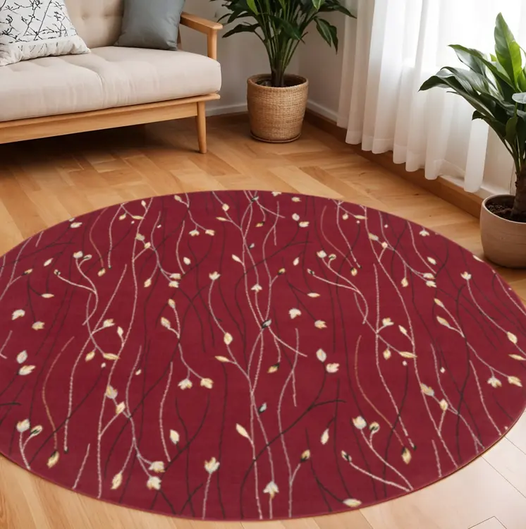 8' Red Black and Ivory Round Floral Vines Power Loom Area Rug