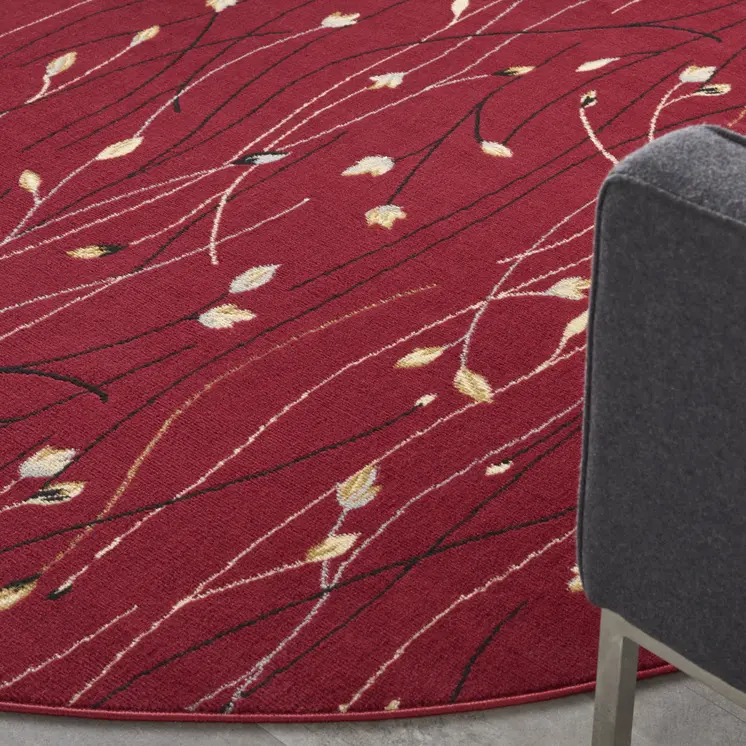 8' Red Black and Ivory Round Floral Vines Power Loom Area Rug