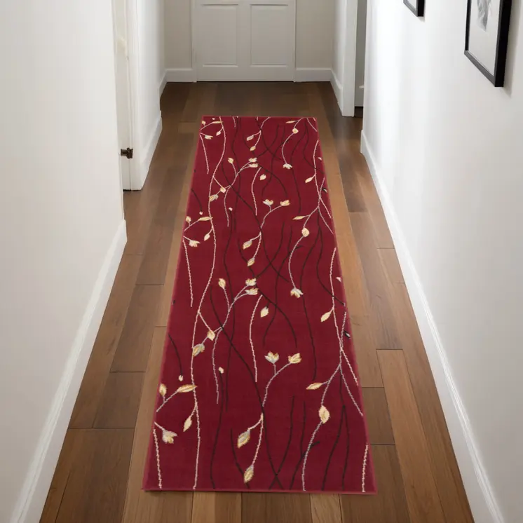 8' Red Black And Ivory Floral Vines Runner Rug