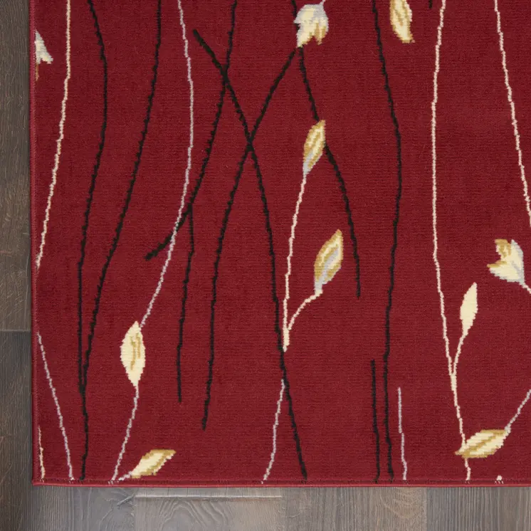 8' Red Black And Ivory Floral Vines Runner Rug