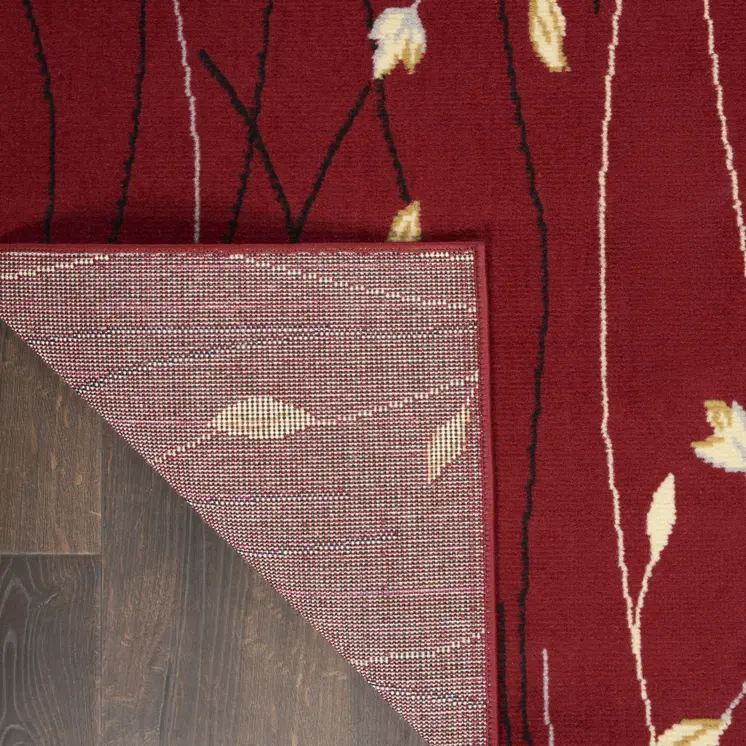 8' Red Black And Ivory Floral Vines Runner Rug