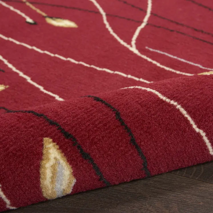 8' Red Black And Ivory Floral Vines Runner Rug