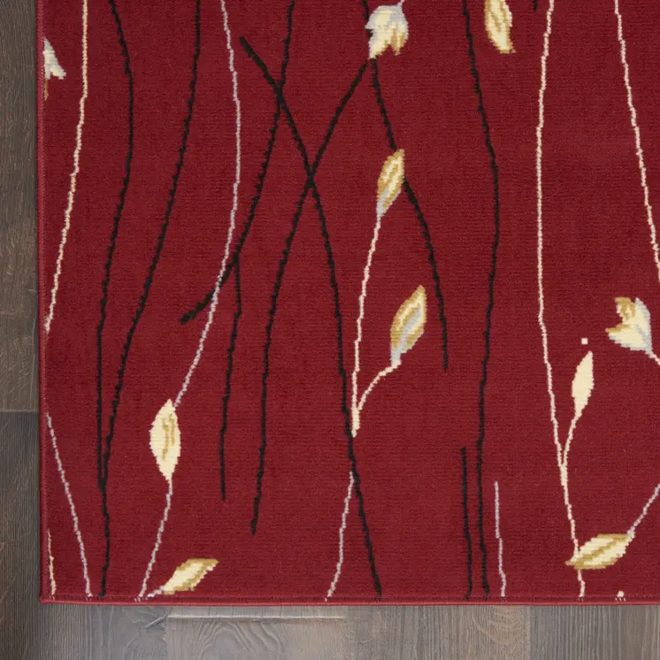 7' X 10' Red Black and Ivory Floral Vines Power Loom Area Rug