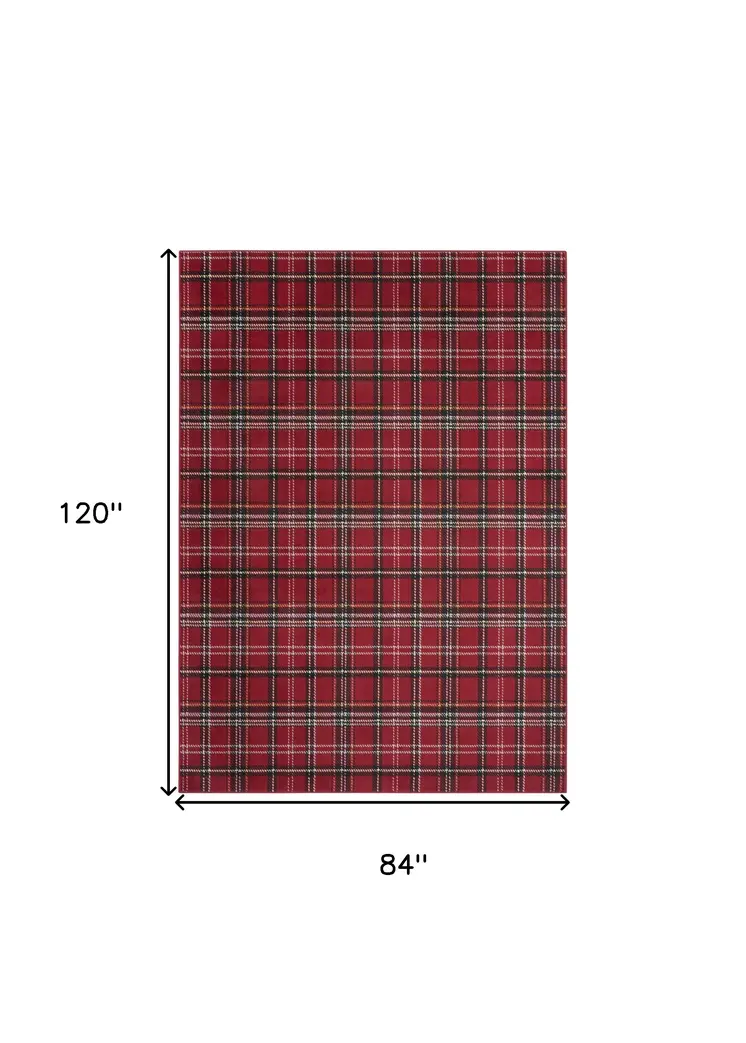 7' X 10' Red and Black Plaid Power Loom Area Rug