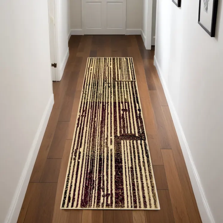 8' Tan Black and Red Striped Non Skid Runner Rug