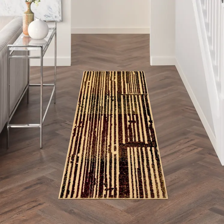 8' Tan Black and Red Striped Non Skid Runner Rug