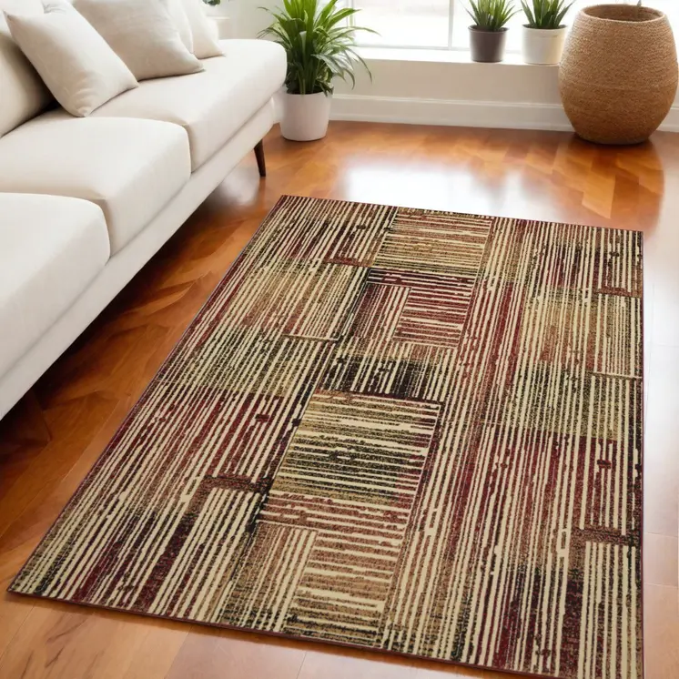5' X 7' Tan Black and Red Striped Non Skid Area Rug