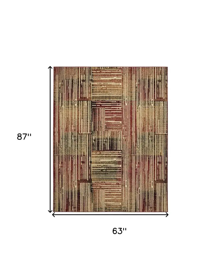 5' X 7' Tan Black and Red Striped Non Skid Area Rug