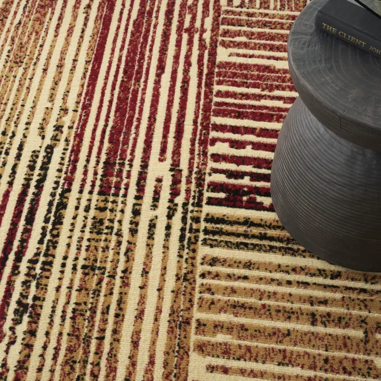 8' X 10' Tan Black and Red Striped Non Skid Area Rug