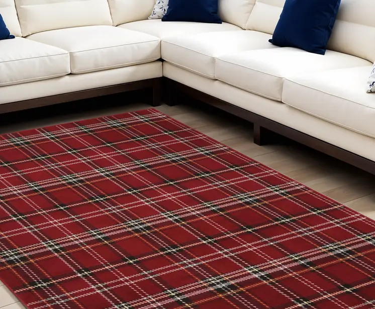 8' X 10' Red and Black Plaid Power Loom Area Rug