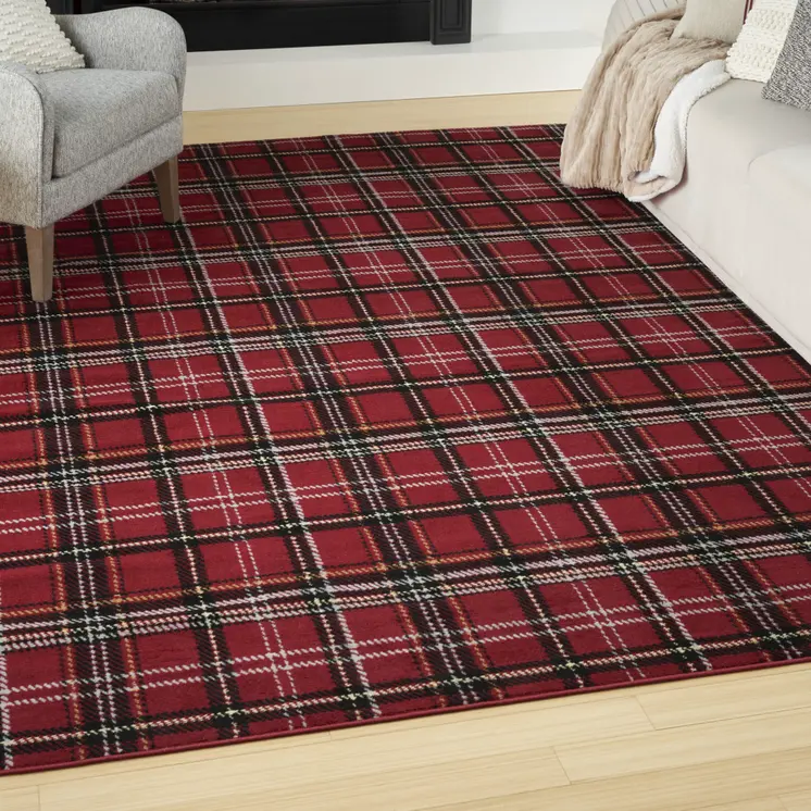 8' X 10' Red and Black Plaid Power Loom Area Rug