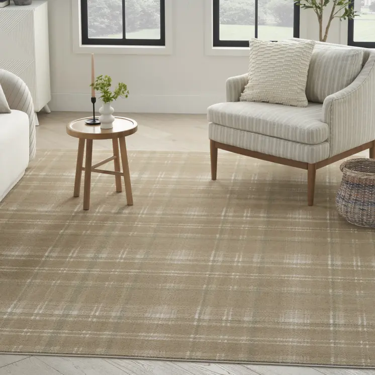 8' X 10' Brown and Ivory Plaid Non Skid Area Rug