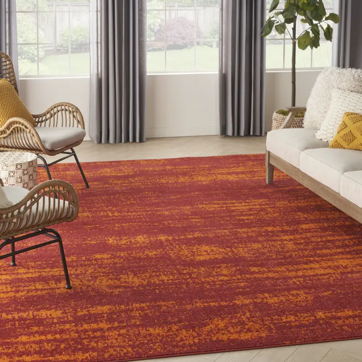 9' X 12' Red And Orange Abstract Indoor Outdoor Area Rug