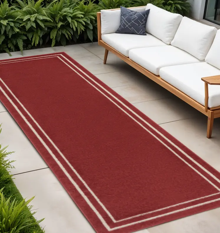 8' Brick Red And Ivory Indoor Outdoor Runner Rug