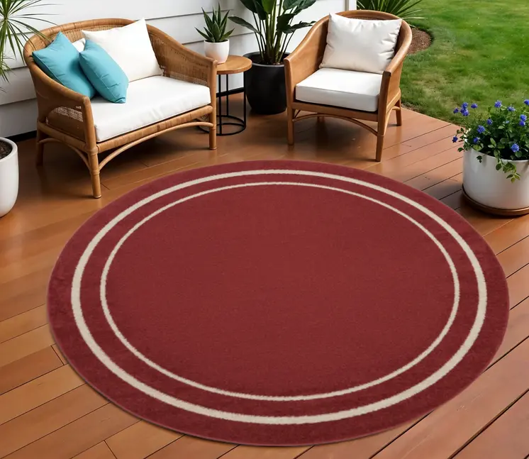 8' Brick Red And Ivory Round Indoor Outdoor Area Rug