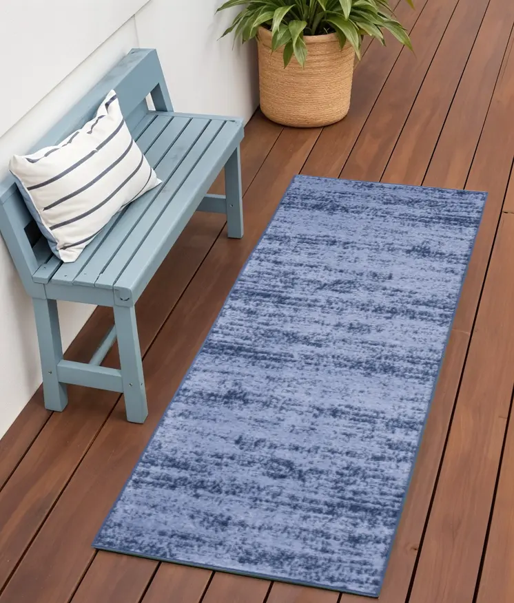 6' Denim Blue And Navy Blue Abstract Indoor Outdoor Runner Rug