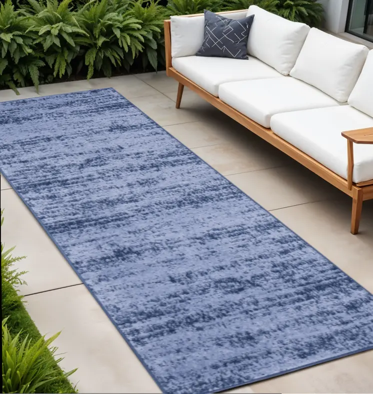 8' Denim Blue And Navy Blue Abstract Indoor Outdoor Runner Rug