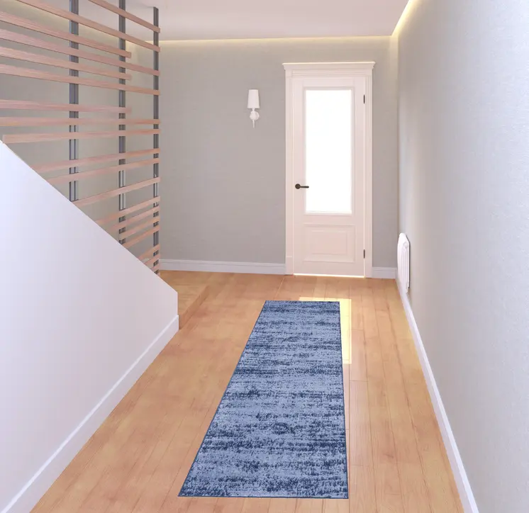 8' Denim Blue And Navy Blue Abstract Indoor Outdoor Runner Rug
