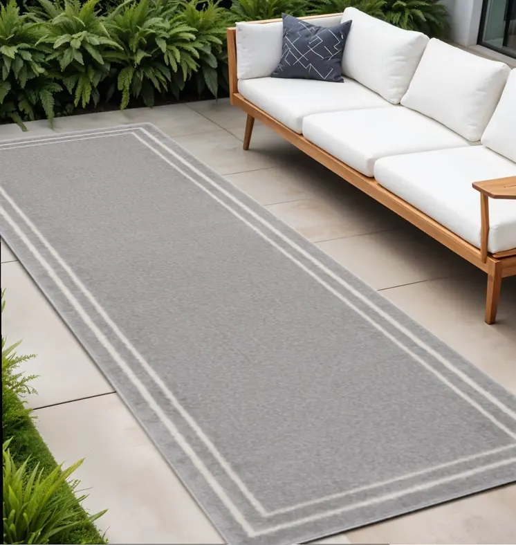 8' Gray And Ivory Indoor Outdoor Runner Rug