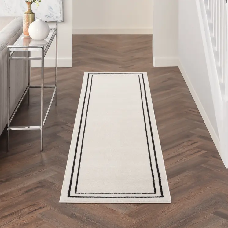 8' Ivory And Black Indoor Outdoor Runner Rug