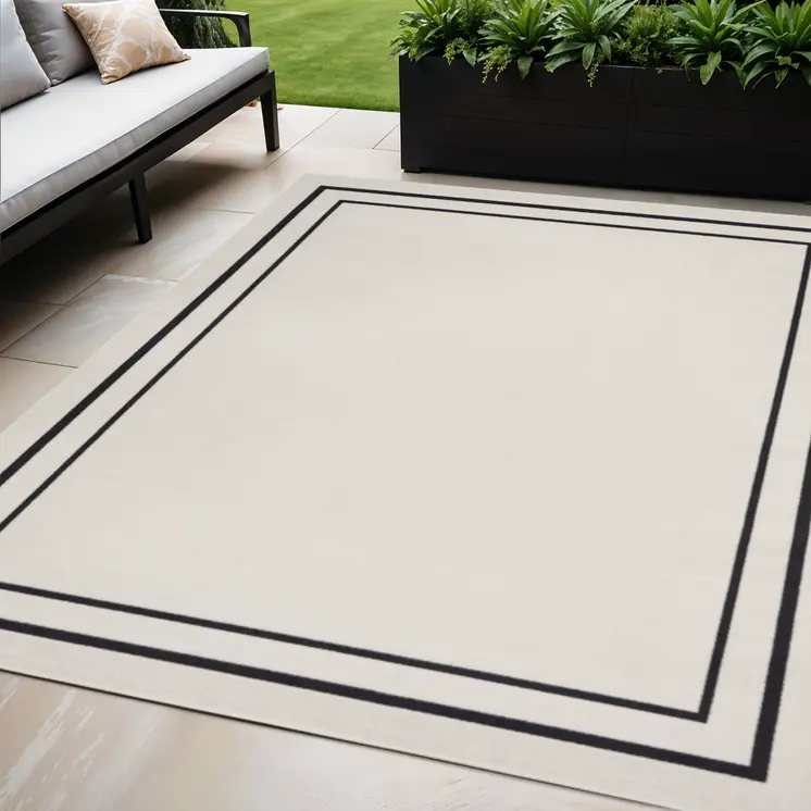 5' X 7' Ivory And Black Indoor Outdoor Area Rug