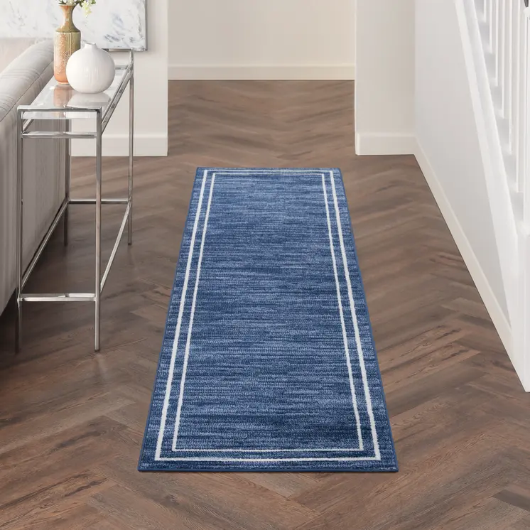 6' Navy Blue And Ivory Indoor Outdoor Runner Rug